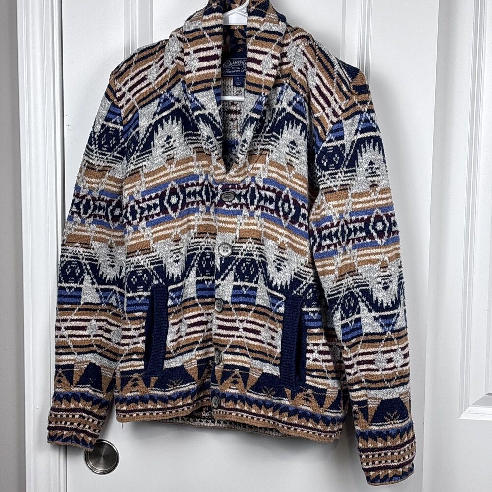 American Rag CIE Mens M Cardigan Sweater Southwestern Aztec Cotton Shawl Collar